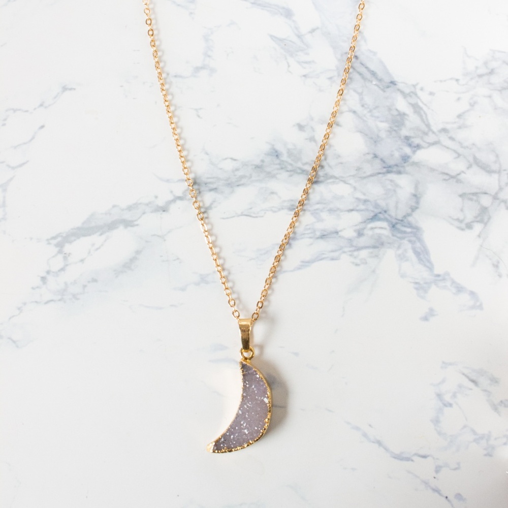 24k Gold Dipped Drusy Quartz Geode Moon Necklace - Picture 3 of 3